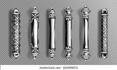 Silver door handles in baroque style, classic ornate luxurious oriental column knobs isolated on transparent background. Vintage chrome doorknobs, metal jewelry home decor, Realistic 3d vector