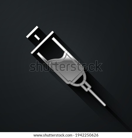 Silver Doping syringe icon isolated on black background. Long shadow style. Vector