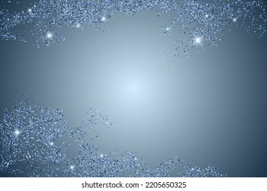 Silver dots confetti magic powder frame. Luxury silver confetti smoke over dark blue black background. Vector party sparke snow dots smoke texture, magic powder explosion. New Year party background