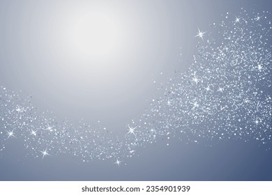 Silver dots confetti magic powder explosion. Luxury silver confetti smoke over grayish blue background. Vector party sparke snow dots smoke texture, magic powder explosion. Summer party background