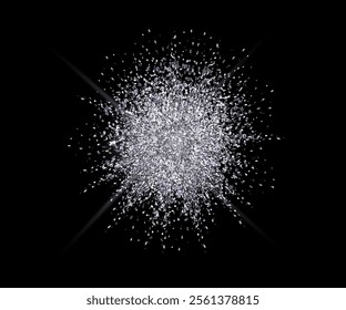 Silver dots confetti magic powder explosion. Luxury silver confetti smoke over greyish black background. Vector party sparkle snow dots smoke texture, magic powder explosion. Summer party background