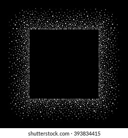 Silver dots or glittering spangles square frame with empty center for text. Steel rectangle border made of tiny uneven round spots. Abstract background. Silver or iron blobs textured frame. 