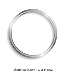 Silver Double Circle Frame With Shadows And Highlights Isolated On A White Background.