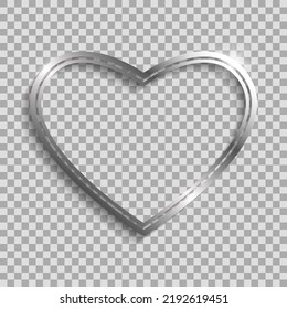 Marco de doble corazón plateado con sombras y resalta aislado en un fondo transparente.