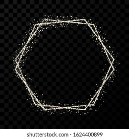 Silver double hexagon frame. Modern shiny frame with light effects isolated on dark transparent background. Vector illustration.