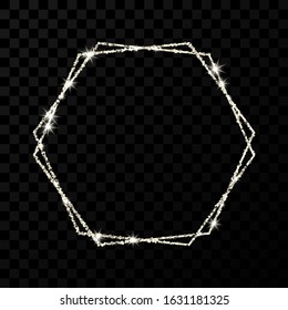 Silver double hexagon frame. Modern shiny frame with light effects isolated on dark transparent background. Vector illustration.