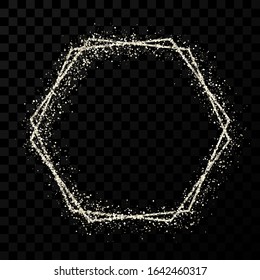 Silver double hexagon frame. Modern shiny frame with light effects isolated on dark transparent background. Vector illustration.