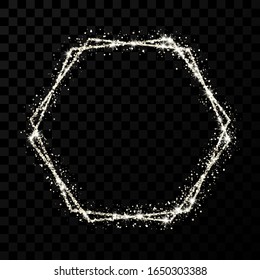 Silver double hexagon frame. Modern shiny frame with light effects isolated on dark transparent background. Vector illustration.