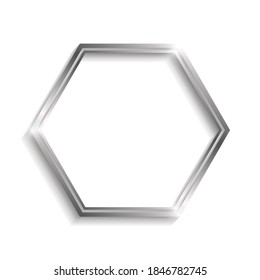 Silver double hexagon frame with shadows and highlights isolated on a white background.