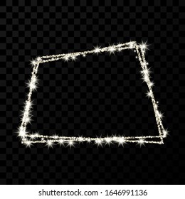 Silver double trapezoid frame. Modern shiny frame with light effects isolated on dark transparent background. Vector illustration.