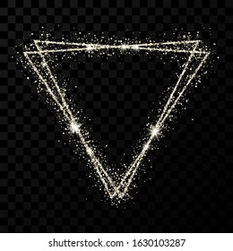 Silver double triangle frame. Modern shiny frame with light effects isolated on dark transparent background. Vector illustration.