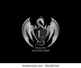 Silver Dragon Shield with L Letter Design Logo Template.