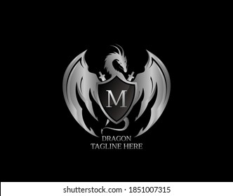 Silver Dragon Shield with M Letter Design Logo Template.