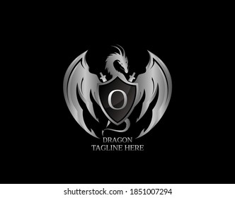 Silver Dragon Shield with O Letter Design Logo Template.