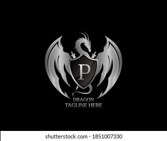 Silver Dragon Shield with P Letter Design Logo Template.