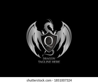 Silver Dragon Shield with Q Letter Design Logo Template.