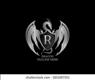 Silver Dragon Shield with R Letter Design Logo Template.