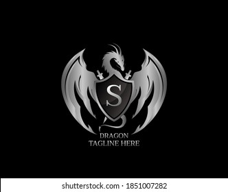 Silver Dragon Shield with S Letter Design Logo Template.