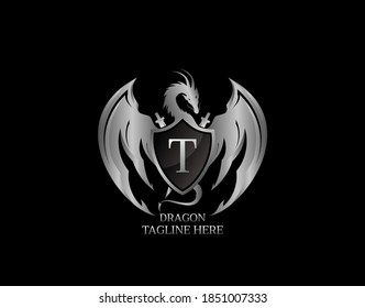 Silver Dragon Shield with T Letter Design Logo Template.