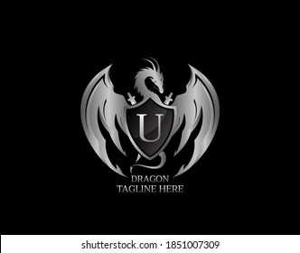 Silver Dragon Shield with U Letter Design Logo Template.