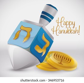 Silver dreidel with  golden symbols and golden gelts for Hanukkah.