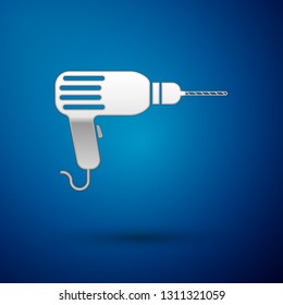 Silver Drill machine icon isolated on blue background. Vector Illustration
