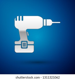 Silver Drill machine icon isolated on blue background. Vector Illustration