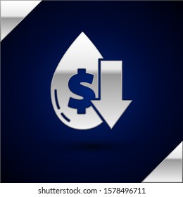 Silver Drop in crude oil price icon isolated on dark blue background. Oil industry crisis concept.  Vector Illustration