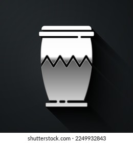 Silver Drum icon isolated on black background. Music sign. Musical instrument symbol. Long shadow style. Vector