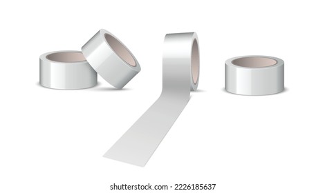 Silver duct roll adhesive tape realistic isolated on white background. Office and household supplies, construction sellotape. Sticky scotch round reels set. Vector illustration
