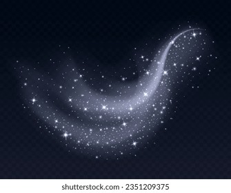 Silver dust cloud with sparkles isolated on dark background. Stardust sparkling background. Glowing glitter smoke or splash. Vector illustration. Christmas decoration.
