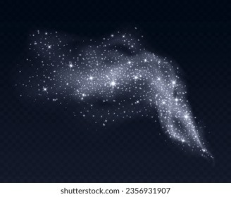 Silver dust cloud with sparkles isolated on dark background. Stardust sparkling background. Glowing glitter smoke or splash. Vector illustration. Christmas decoration.