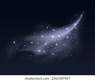 Silver dust cloud with sparkles isolated on dark background. Stardust sparkling background. Glowing glitter smoke or splash. Vector illustration. Christmas decoration.