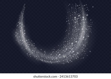 Silver dust cloud with sparkles isolated on dark background. Stardust sparkling background. Glowing glitter smoke or splash. Vector illustration. Christmas decoration
