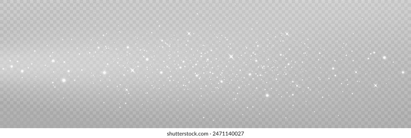 Silver dust effect. Light trail with glitter and stars. Magic wave with particles. Christmas white light. Beautiful sparkling elements. Stardust decoration. Vector illustration.