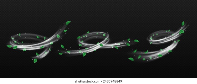 Silver dust and leaves whirls realistic vector illustration set. Fairy flows with foliage and sparkles 3d elements on transparent background