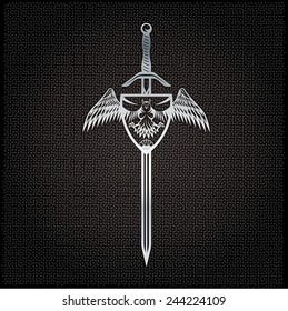silver eagle with crown and sword crest on metal background