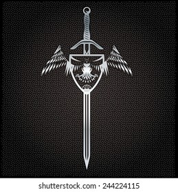 silver eagle with crown and sword crest on metal background