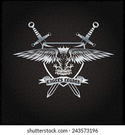 silver eagle with crown and swords crest on metal background