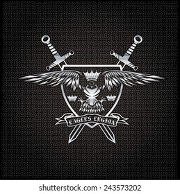 silver eagle with crown and swords crest on metal background