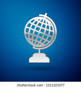 Silver Earth globe icon isolated on blue background. Vector Illustration