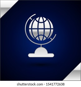 Silver Earth globe icon isolated on dark blue background.  Vector Illustration