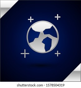 Silver Earth globe icon isolated on dark blue background. World or Earth sign. Global internet symbol. Geometric shapes.  Vector Illustration