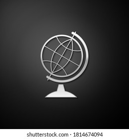 Silver Earth globe icon isolated on black background. Long shadow style. Vector.