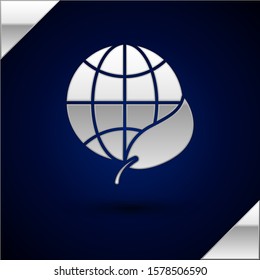 Silver Earth globe and leaf icon isolated on dark blue background. World or Earth sign. Geometric shapes. Environmental concept.  Vector Illustration