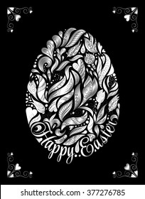 Silver easter egg with floral ornament on black background. Vector eps10 illustration. Template for greeting card.