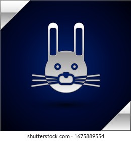 Silver Easter rabbit icon isolated on dark blue background. Easter Bunny.  Vector Illustration