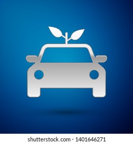 Silver Eco car concept drive with leaf icon isolated on blue background. Green energy car symbol. Vector Illustration
