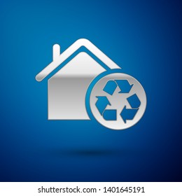 Silver Eco House with recycling symbol icon isolated on blue background. Ecology home with recycle arrows. Vector Illustration