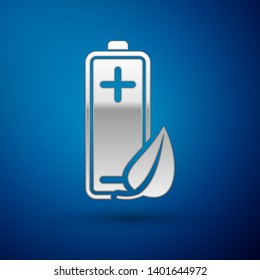 Silver Eco nature leaf and battery icon isolated on blue background. Energy based on ecology saving concept. Vector Illustration
